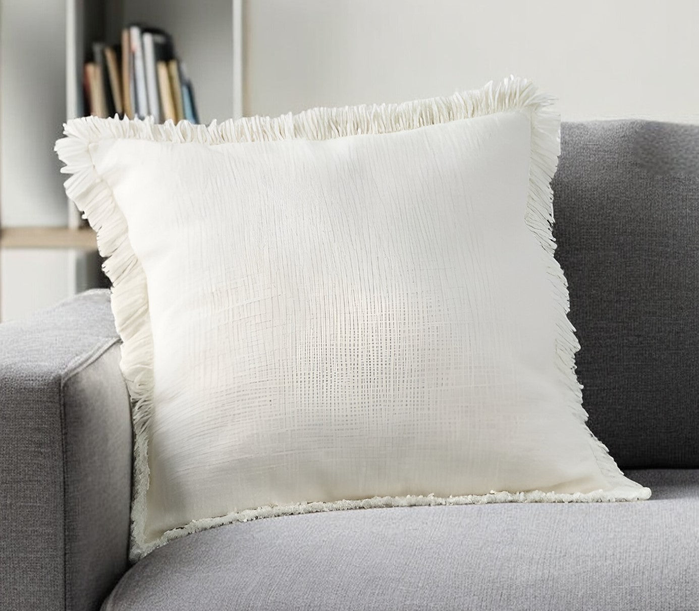 22" Ivory Cotton Throw Pillow With Fringe FurniFindUSA