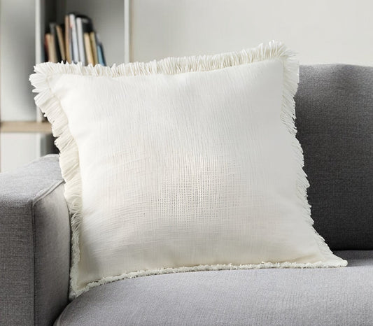 22" Ivory Cotton Throw Pillow With Fringe FurniFindUSA