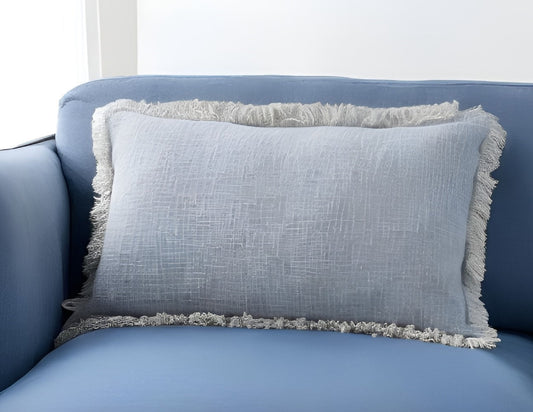 14" X 24" Blue Cotton Throw Pillow With Fringe FurniFindUSA