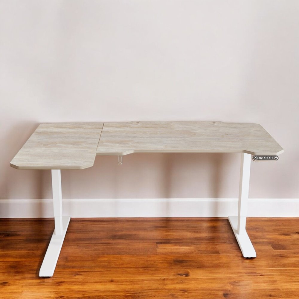 59" Adjustable Light Khaki and White L Shape Standing Desk HomeRoots