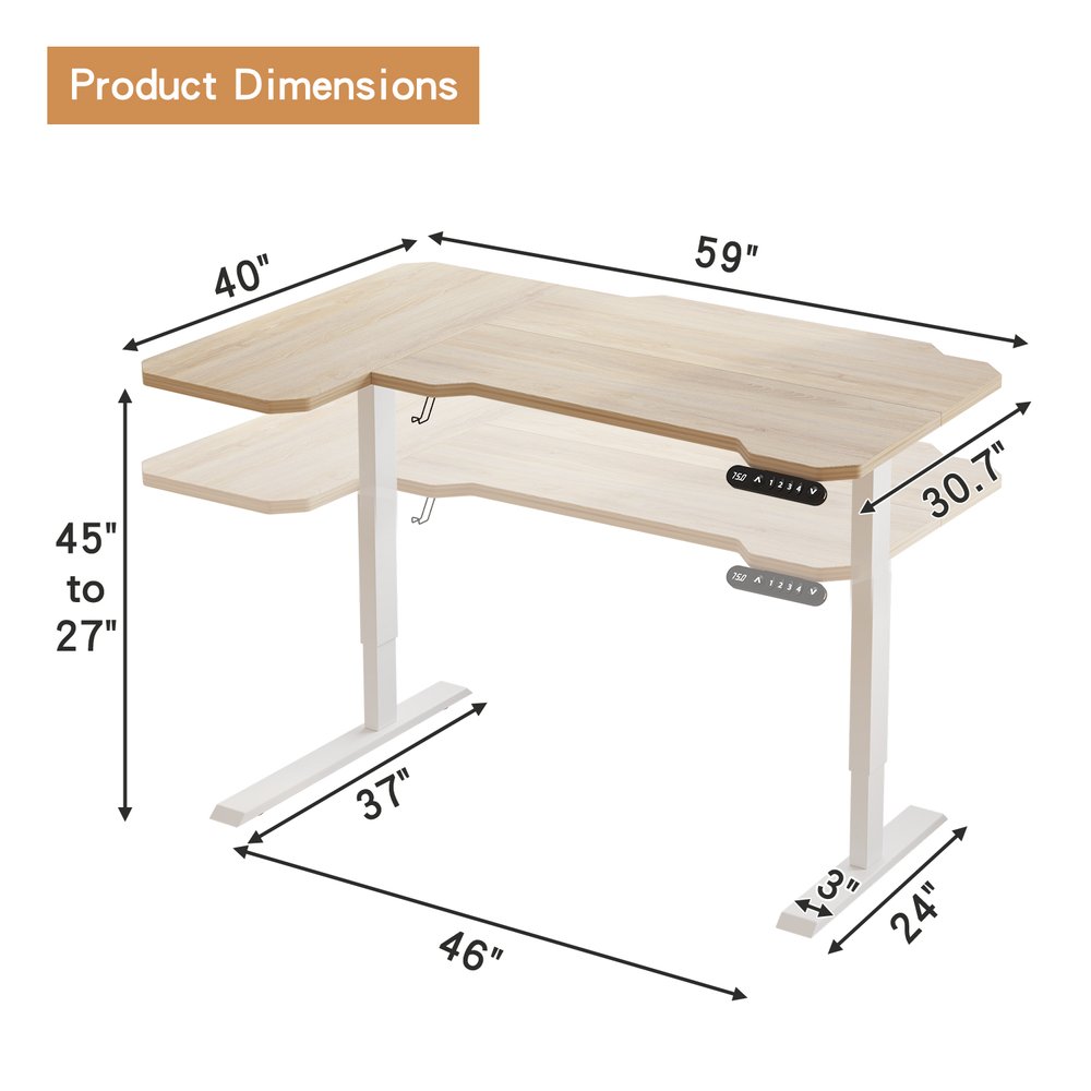 59" Adjustable Light Khaki and White L Shape Standing Desk HomeRoots