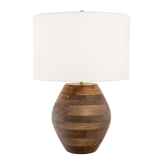 23" Brown Solid Wood LED Table Lamp With White Drum Shade - FurniFindUSA