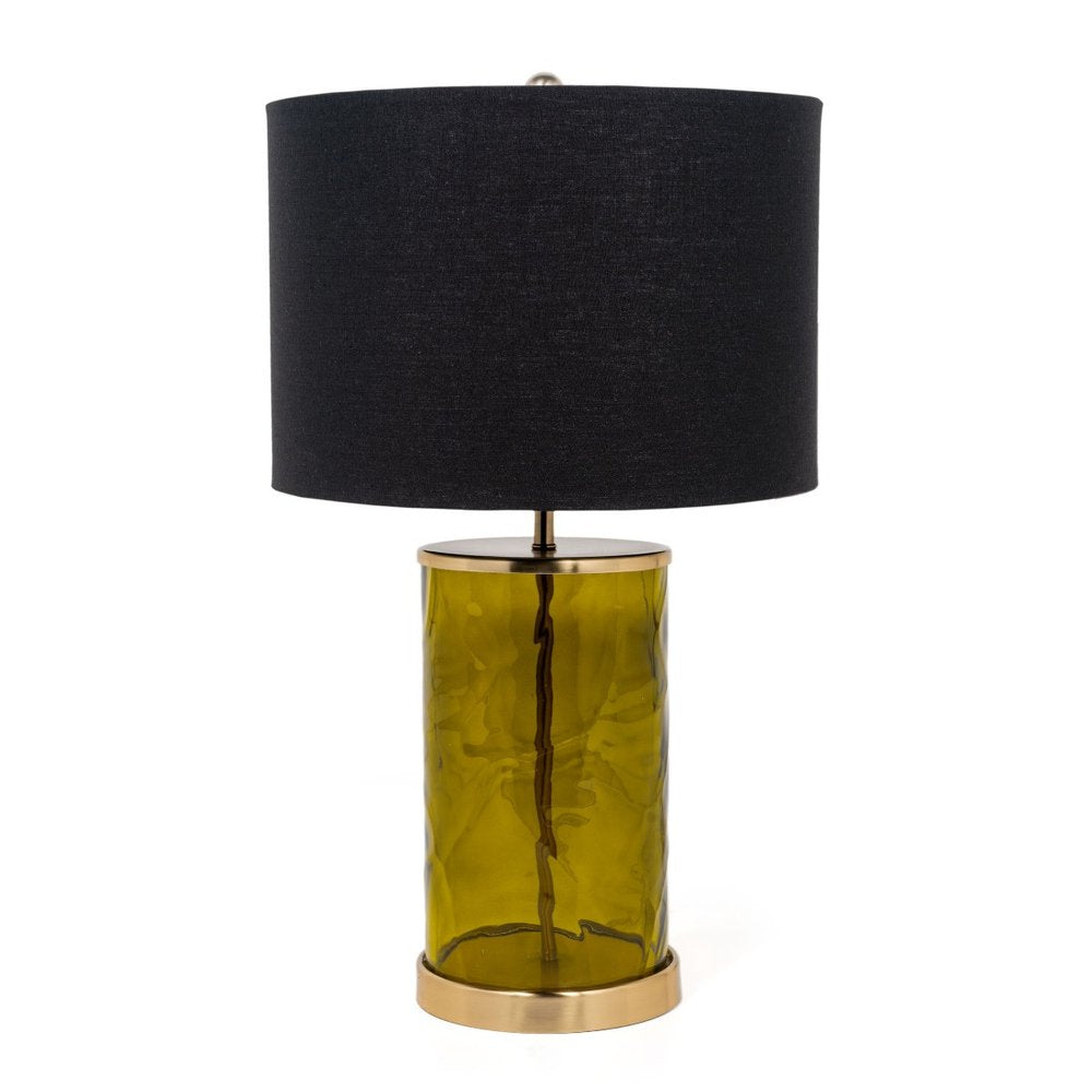 22" Green Glass LED Table Lamp With Black Drum Shade HomeRoots