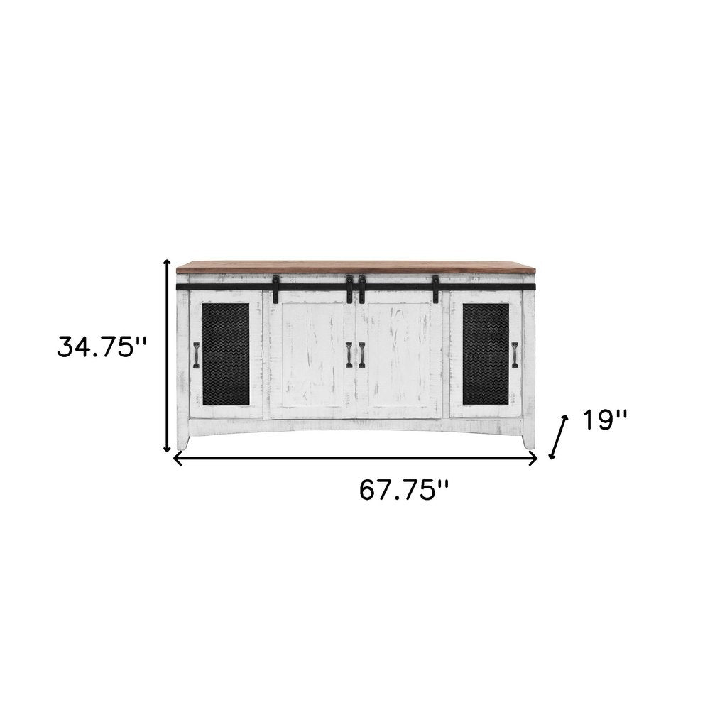68" White Solid Wood Cabinet Enclosed Storage Distressed TV Stand — view 2