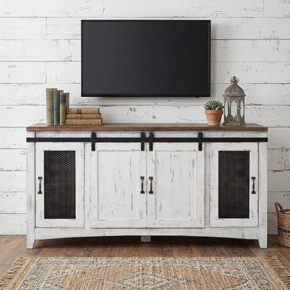 68" White Solid Wood Cabinet Enclosed Storage Distressed TV Stand HomeRoots