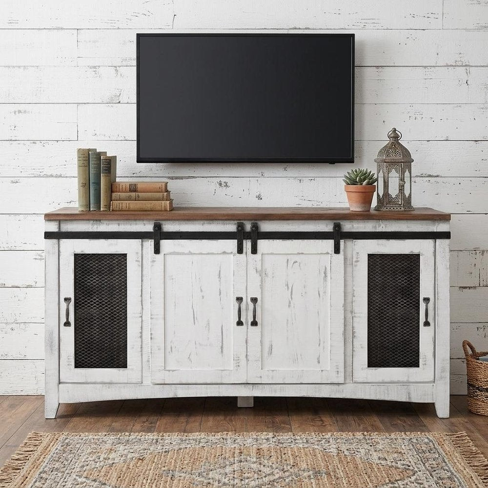 68" White Solid Wood Cabinet Enclosed Storage Distressed TV Stand HomeRoots
