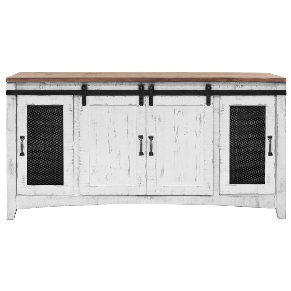 68" White Solid Wood Cabinet Enclosed Storage Distressed TV Stand — view 1