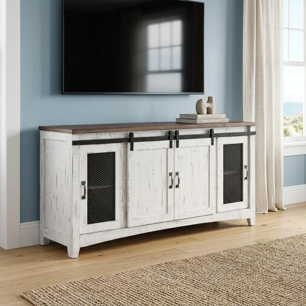 68" White Solid Wood Cabinet Enclosed Storage Distressed TV Stand HomeRoots