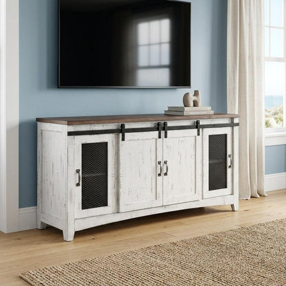 68" White Solid Wood Cabinet Enclosed Storage Distressed TV Stand HomeRoots