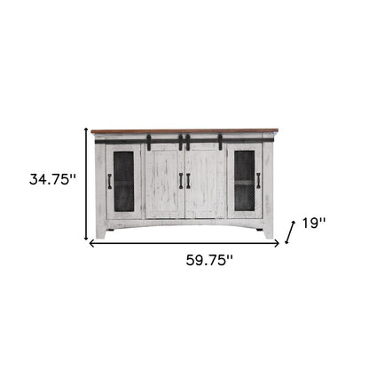 60" White Solid Wood Cabinet Enclosed Storage Distressed TV Stand HomeRoots