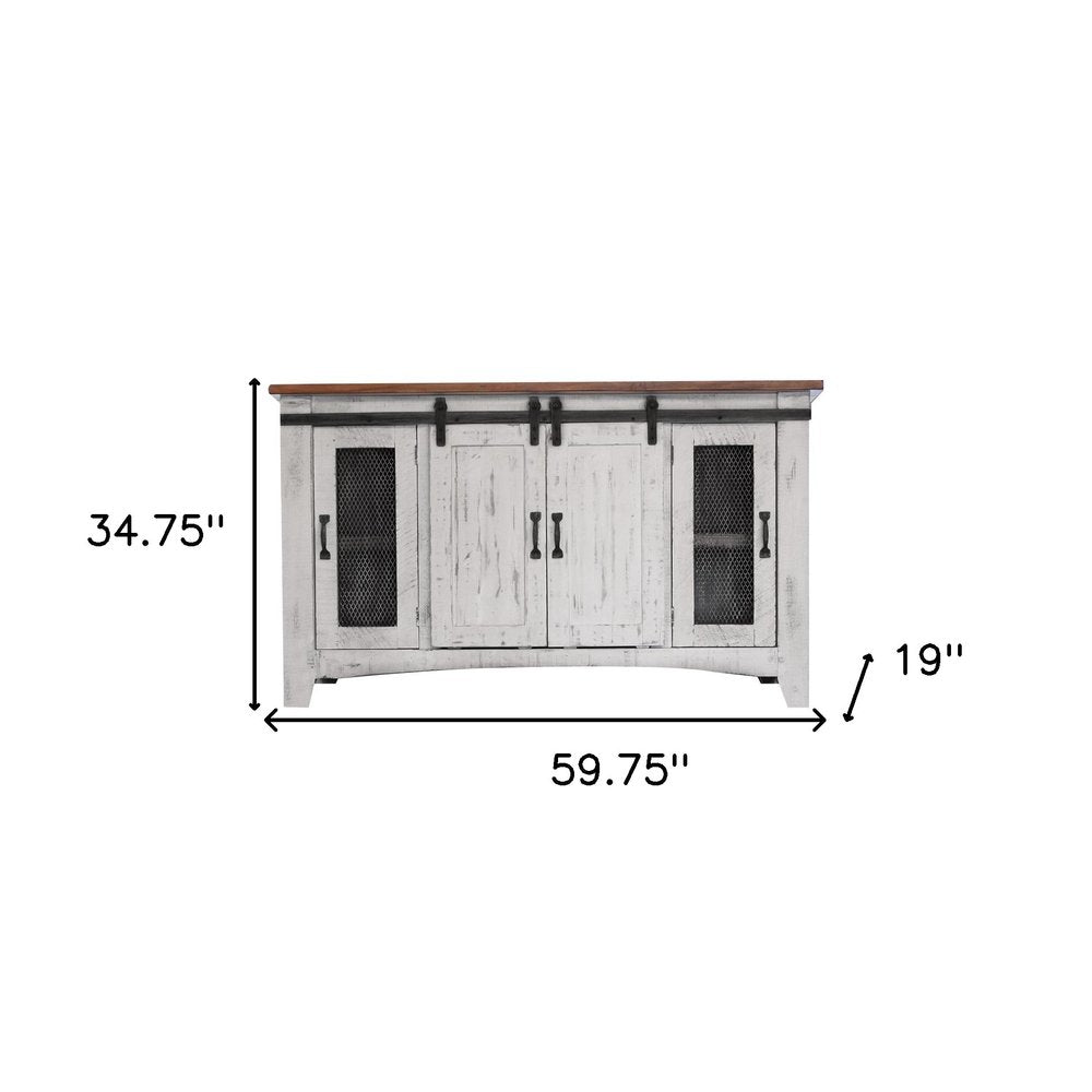 60" White Solid Wood Cabinet Enclosed Storage Distressed TV Stand HomeRoots