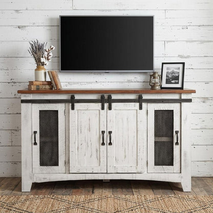 60" White Solid Wood Cabinet Enclosed Storage Distressed TV Stand HomeRoots