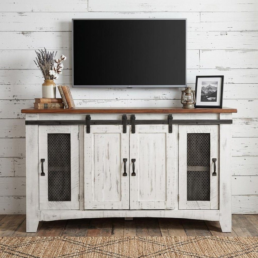 60" White Solid Wood Cabinet Enclosed Storage Distressed TV Stand HomeRoots