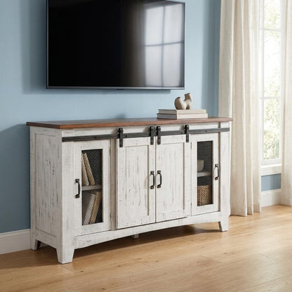 60" White Solid Wood Cabinet Enclosed Storage Distressed TV Stand HomeRoots