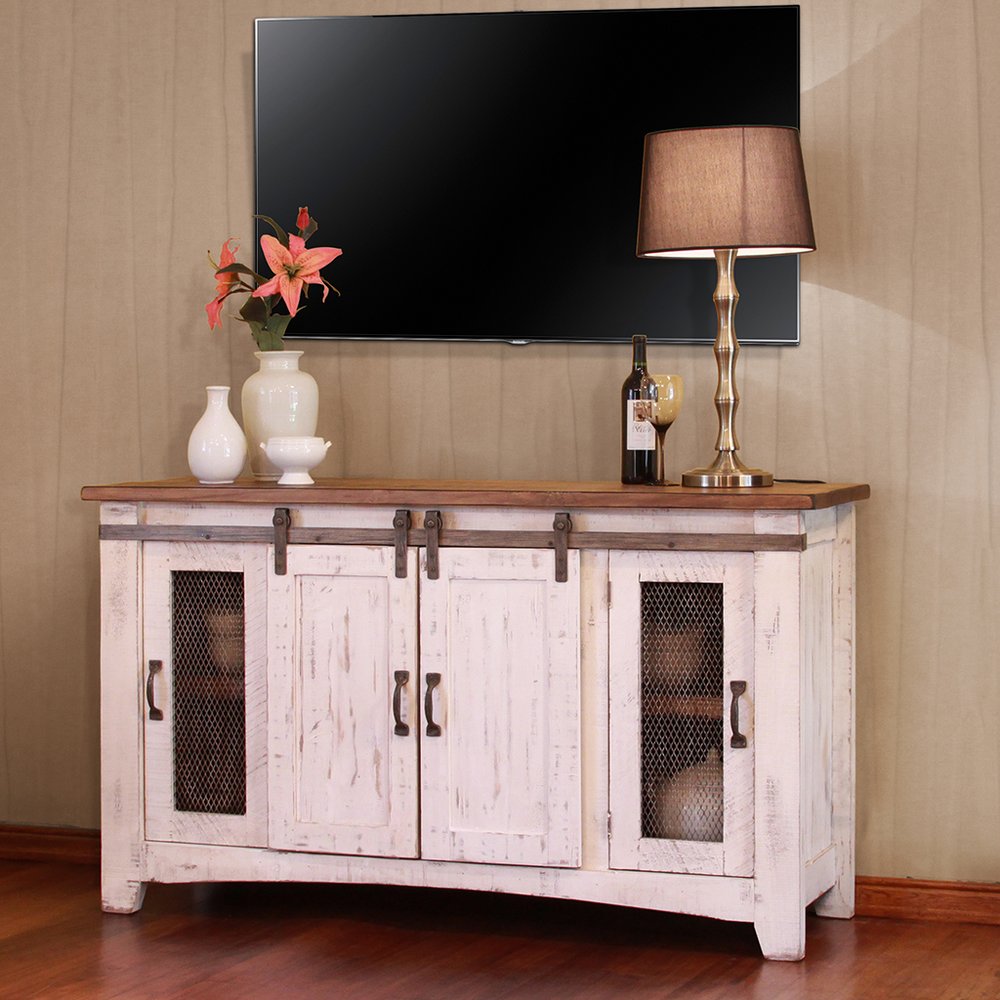 60" White Solid Wood Cabinet Enclosed Storage Distressed TV Stand — view 4