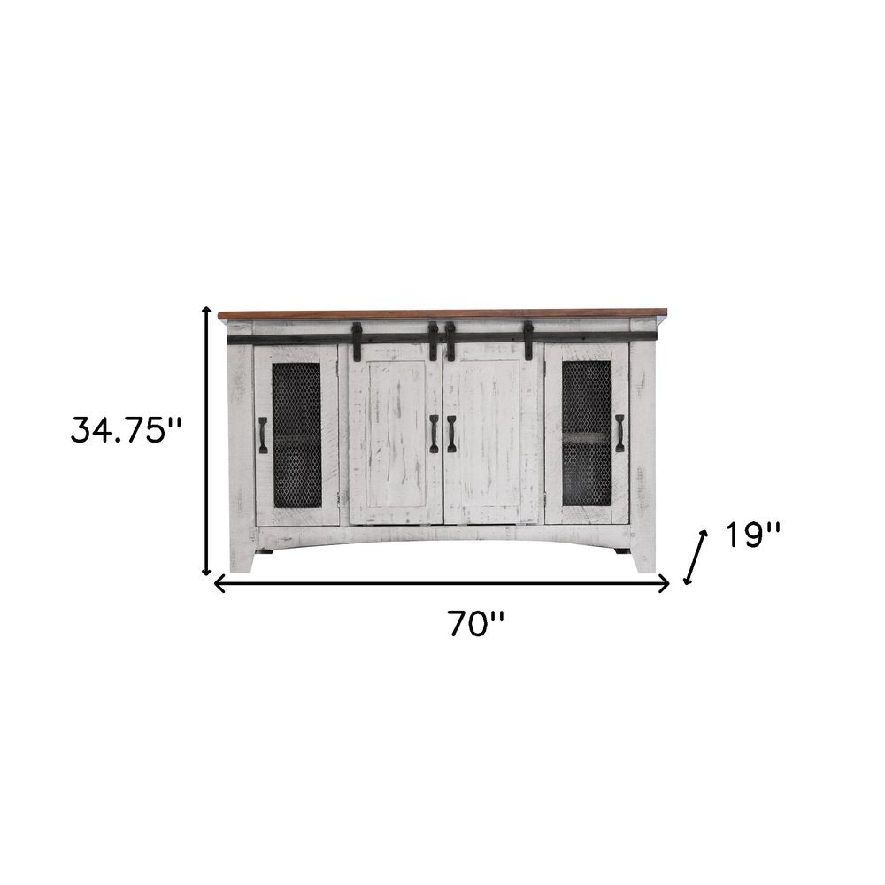 70" White Solid Wood Cabinet Enclosed Storage Distressed TV Stand HomeRoots