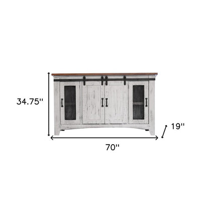 70" White Solid Wood Cabinet Enclosed Storage Distressed TV Stand HomeRoots