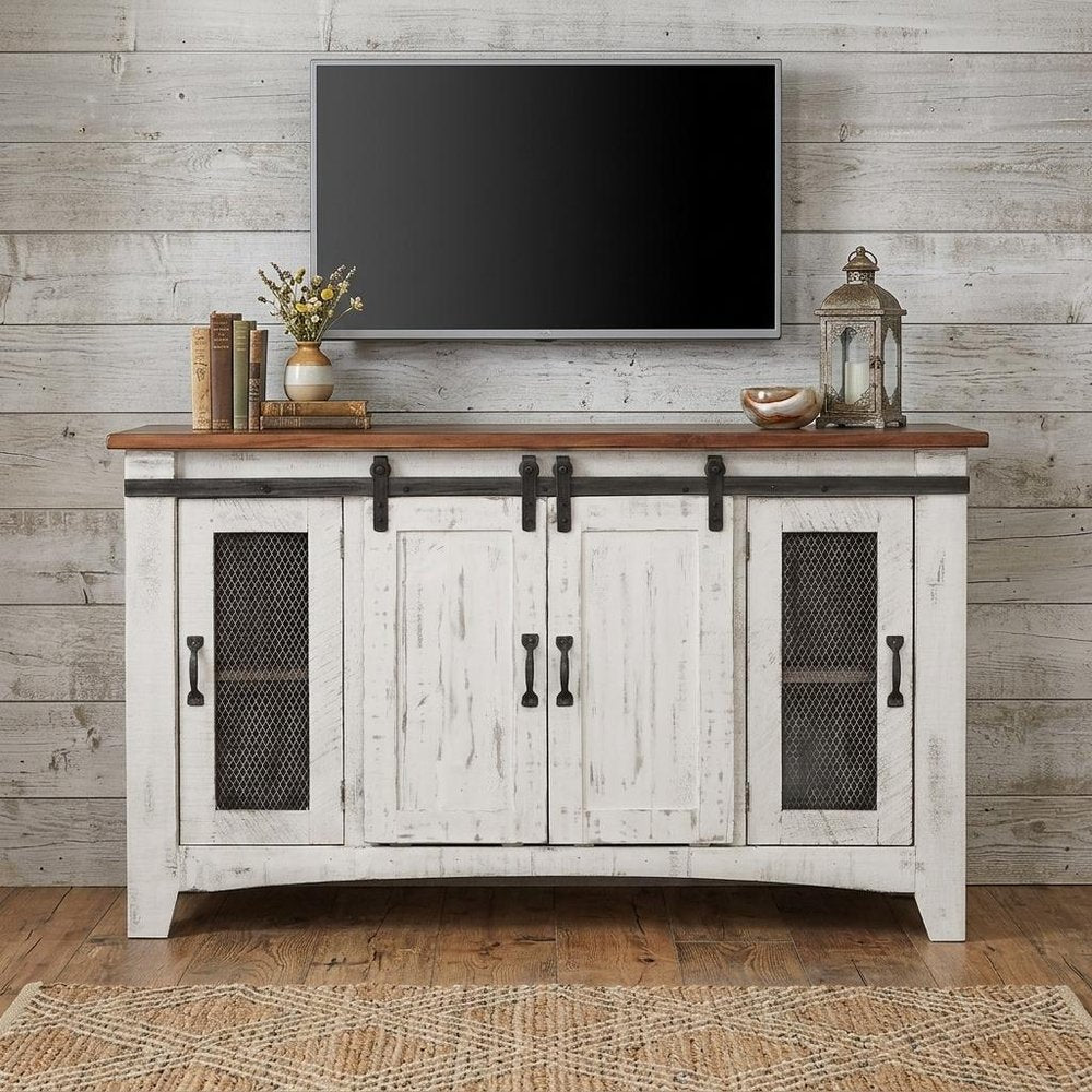 70" White Solid Wood Cabinet Enclosed Storage Distressed TV Stand HomeRoots