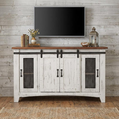 70" White Solid Wood Cabinet Enclosed Storage Distressed TV Stand HomeRoots