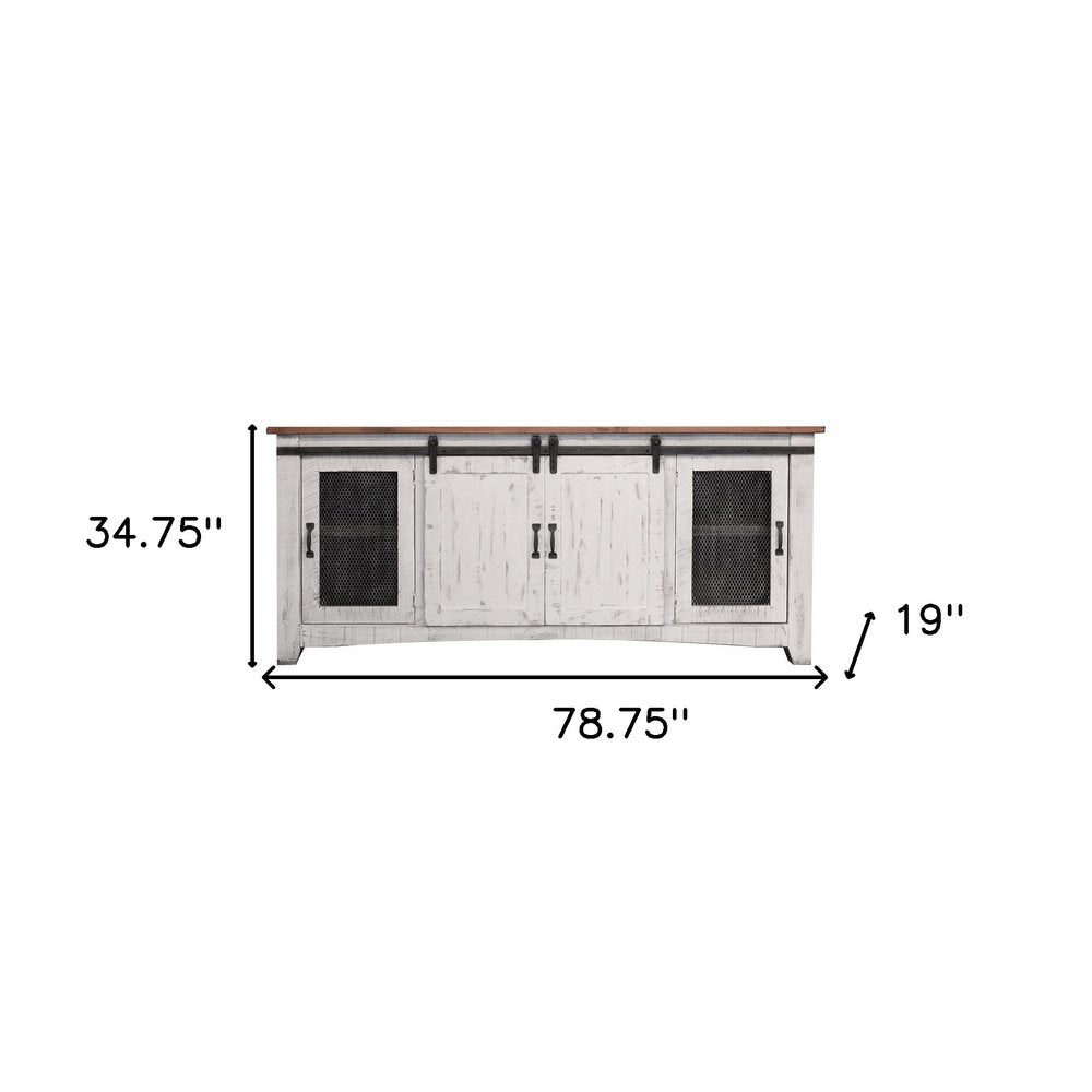 79" White Solid Wood Cabinet Enclosed Storage Distressed TV Stand HomeRoots