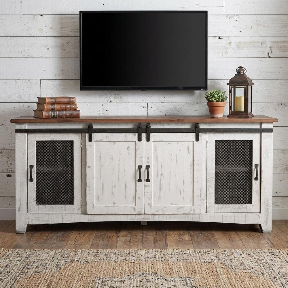 79" White Solid Wood Cabinet Enclosed Storage Distressed TV Stand HomeRoots