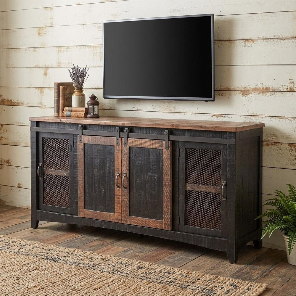 68" Black Solid Wood Cabinet Enclosed Storage Distressed TV Stand HomeRoots