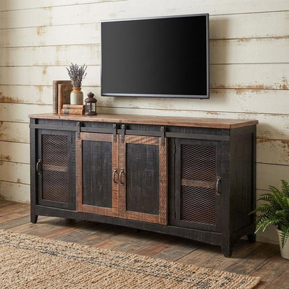68" Black Solid Wood Cabinet Enclosed Storage Distressed TV Stand HomeRoots