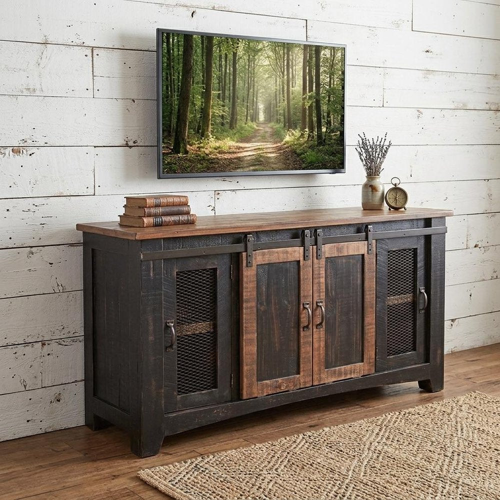 60" Black Solid Wood Cabinet Enclosed Storage Distressed TV Stand HomeRoots