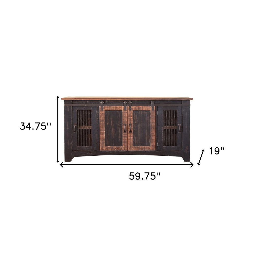 60" Black Solid Wood Cabinet Enclosed Storage Distressed TV Stand — view 4