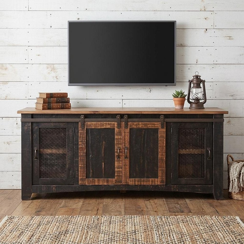 70" Black Solid Wood Cabinet Enclosed Storage Distressed TV Stand HomeRoots