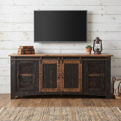 70" Black Solid Wood Cabinet Enclosed Storage Distressed TV Stand HomeRoots