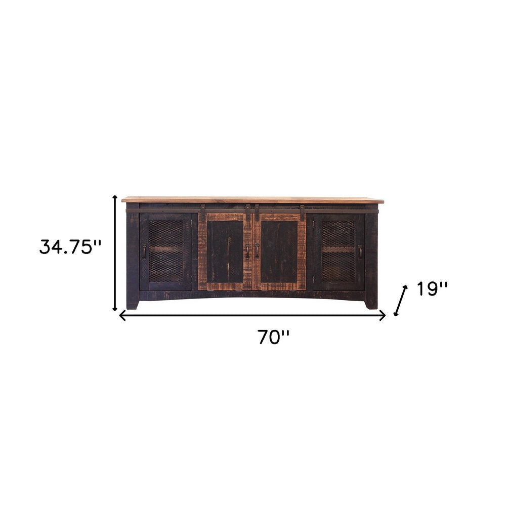 70" Black Solid Wood Cabinet Enclosed Storage Distressed TV Stand — view 2