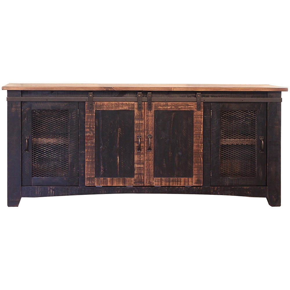 70" Black Solid Wood Cabinet Enclosed Storage Distressed TV Stand — view 1