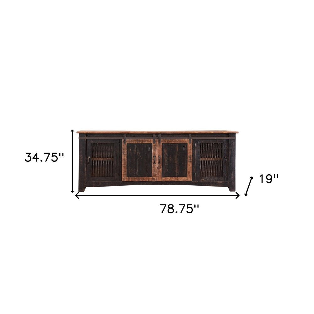 79" Black Solid Wood Cabinet Enclosed Storage Distressed TV Stand HomeRoots