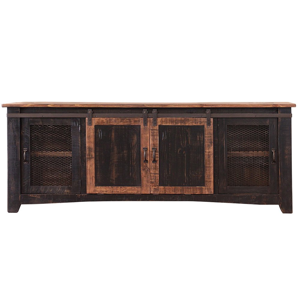 79" Black Solid Wood Cabinet Enclosed Storage Distressed TV Stand — view 4