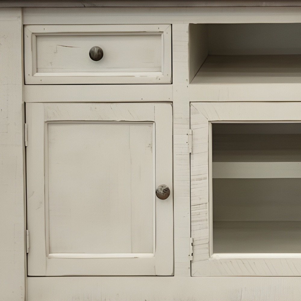 60" Ivory Solid Wood Open shelving Distressed TV Stand — view 3