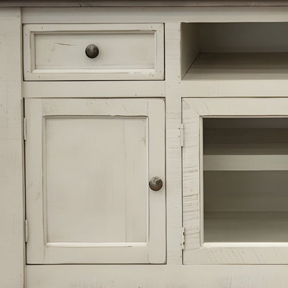 60" Ivory Solid Wood Open shelving Distressed TV Stand HomeRoots