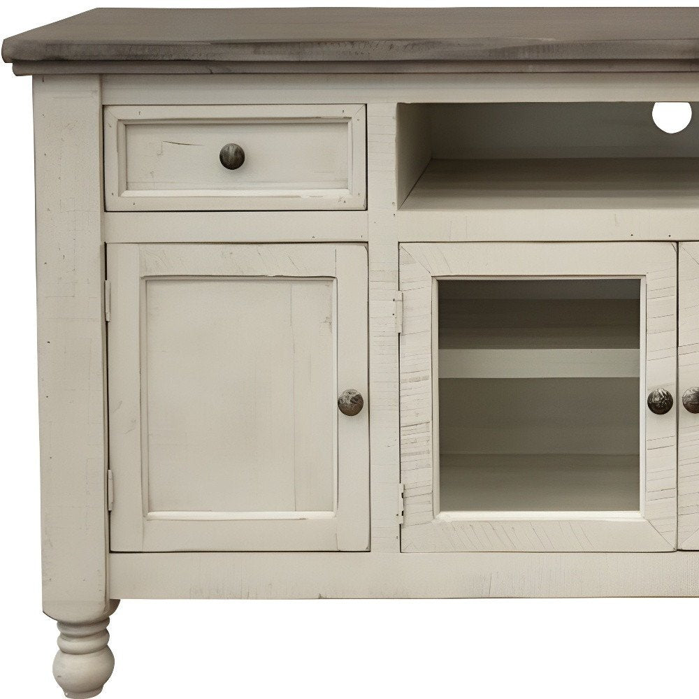 60" Ivory Solid Wood Open shelving Distressed TV Stand — view 4