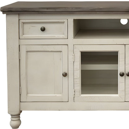 60" Ivory Solid Wood Open shelving Distressed TV Stand HomeRoots