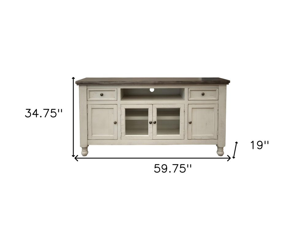 60" Ivory Solid Wood Open shelving Distressed TV Stand — view 5