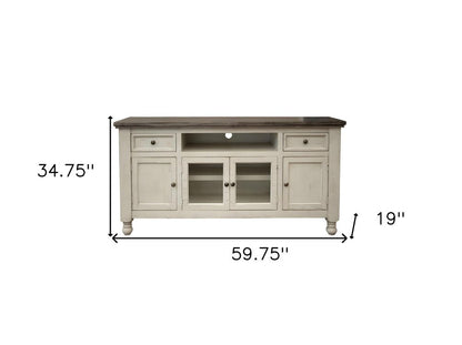 60" Ivory Solid Wood Open shelving Distressed TV Stand HomeRoots