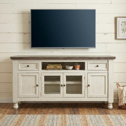 60" Ivory Solid Wood Open shelving Distressed TV Stand HomeRoots