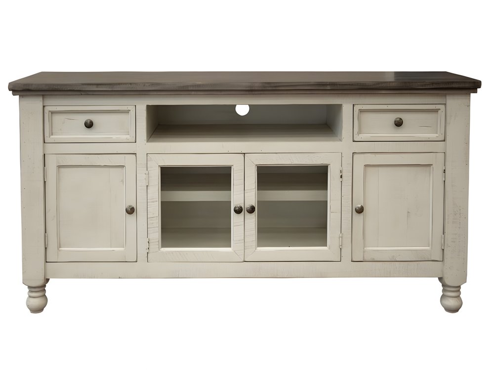 60" Ivory Solid Wood Open shelving Distressed TV Stand — view 2