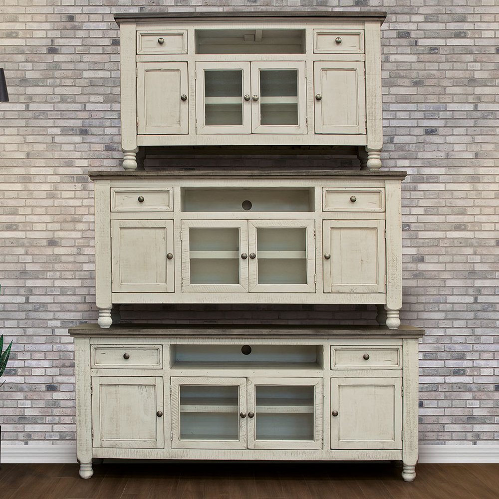 70" Ivory Solid Wood Enclosed Storage Distressed TV Stand — view 2