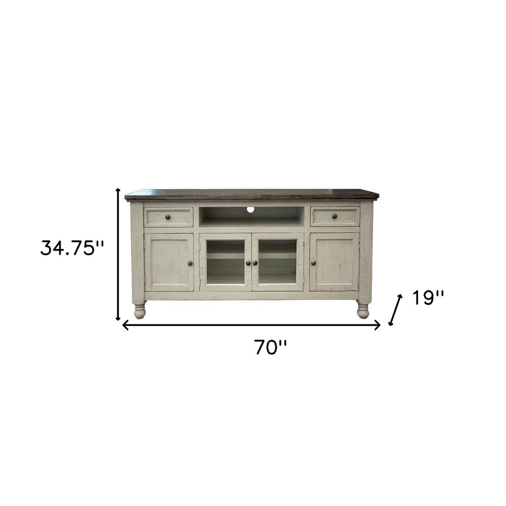 70" Ivory Solid Wood Enclosed Storage Distressed TV Stand — view 3