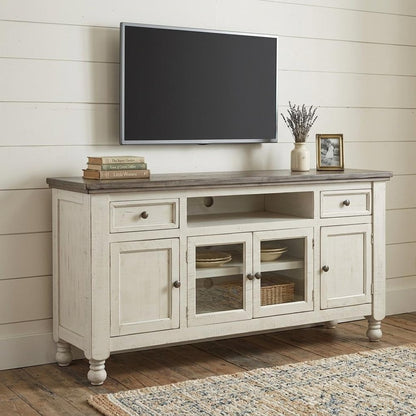 70" Ivory Solid Wood Enclosed Storage Distressed TV Stand HomeRoots