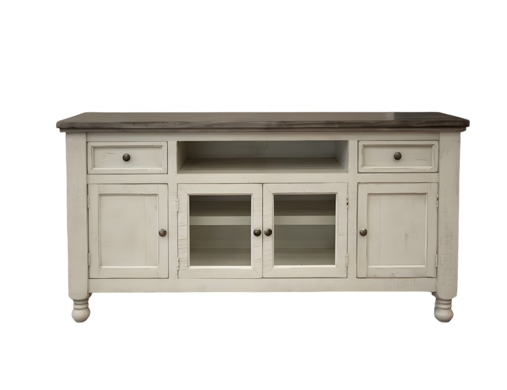 79" Ivory Solid Wood Open shelving Distressed TV Stand HomeRoots
