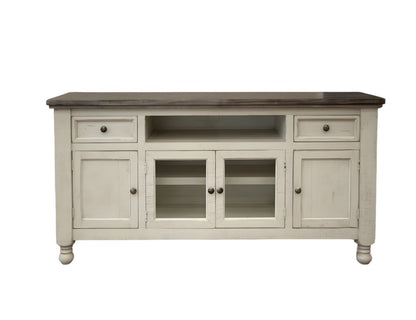 79" Ivory Solid Wood Open shelving Distressed TV Stand HomeRoots