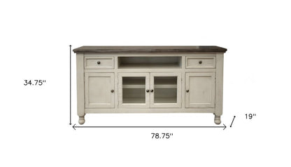 79" Ivory Solid Wood Open shelving Distressed TV Stand HomeRoots