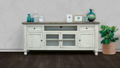 79" Ivory Solid Wood Open shelving Distressed TV Stand HomeRoots